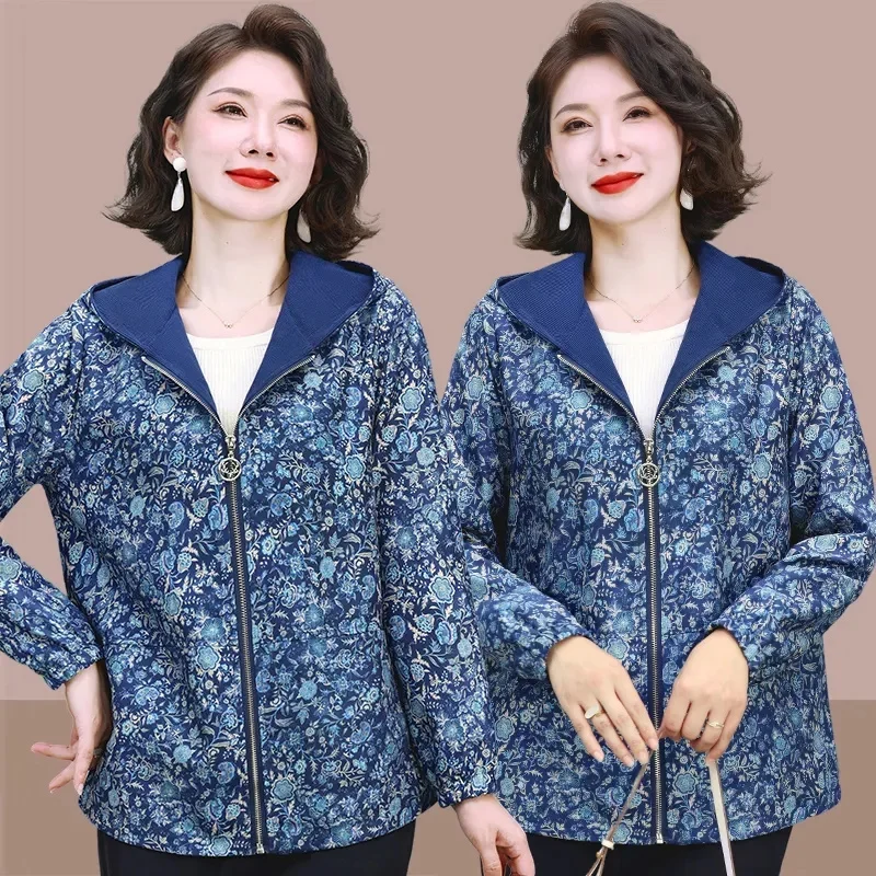 Mãe de meia-idade blusão casaco feminino 2025 primavera outono nova jaqueta com capuz curto impressão outwear estilo ocidental casaco feminino