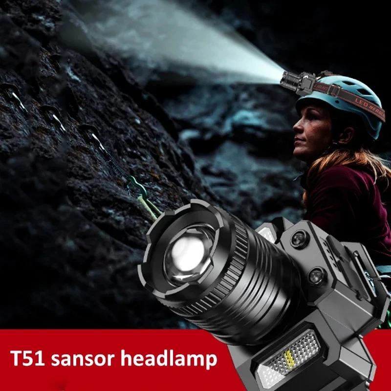 T51 Induction LED Headlamp Super Bright USB Rechargeable Zoom Headlight Outdoors Camping Waterproof Torch with Mobile Power Bank