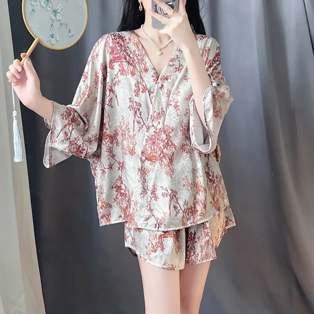 Retro Floral Home Suit For Women Nightwear Nighty Summer Soft Two-Piece Sleepwear Women's Pajamas with Pants Pyjama Set Pijama
