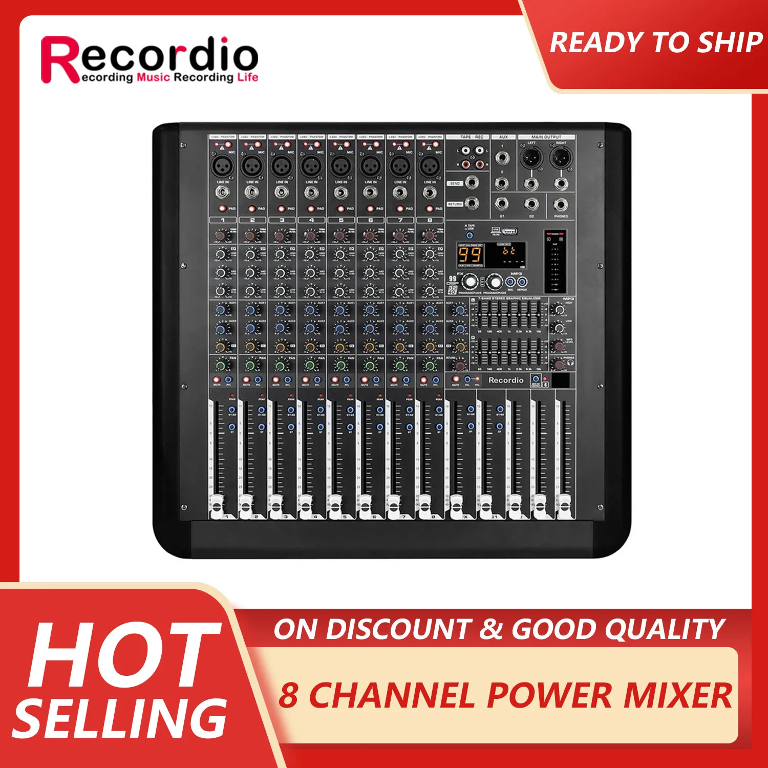 GAX-MQ8 800W*2 Professional Stereo 8-channel Stage Mixer With 99 DSP 7-Segment Equalizer Power Amplifier Mixer