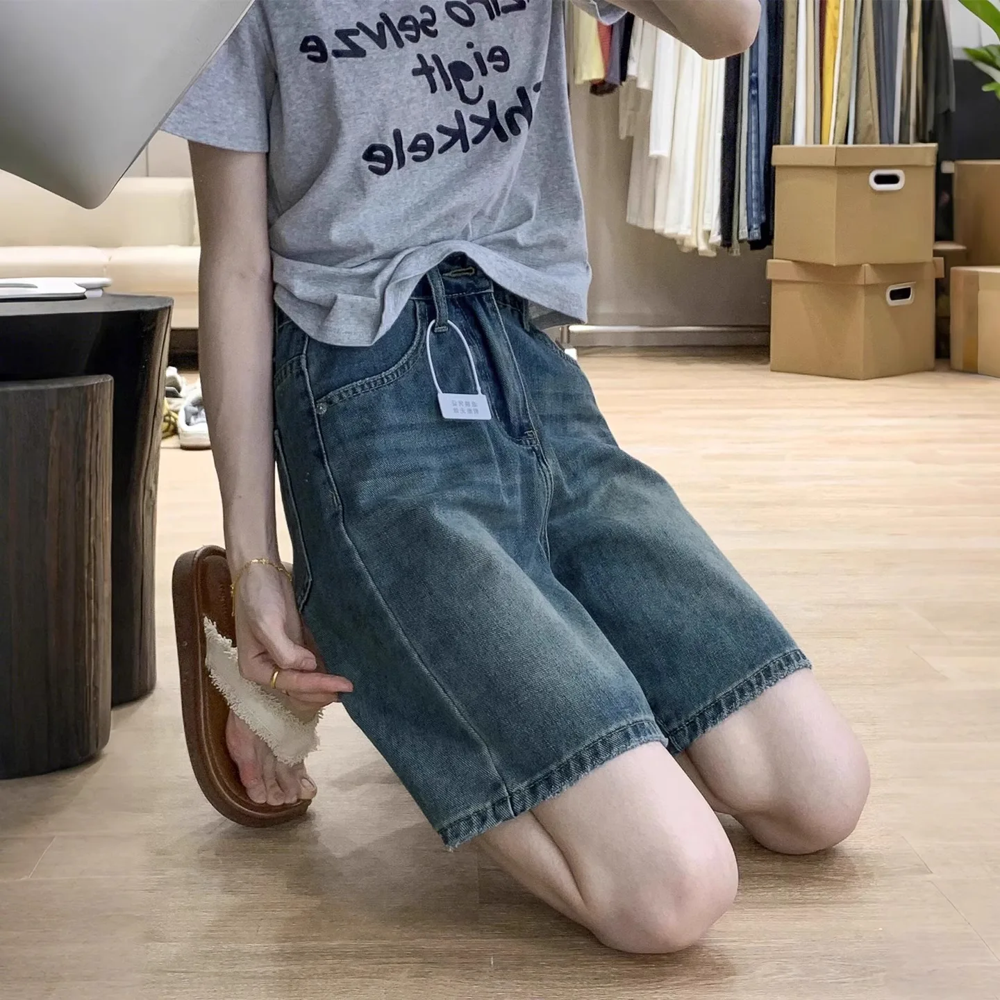 

High Waist Wide Leg Blue Jeans orts Women's Loose Slimming Five-Quarter Straight Tube Student Mid-Calf Summer orts