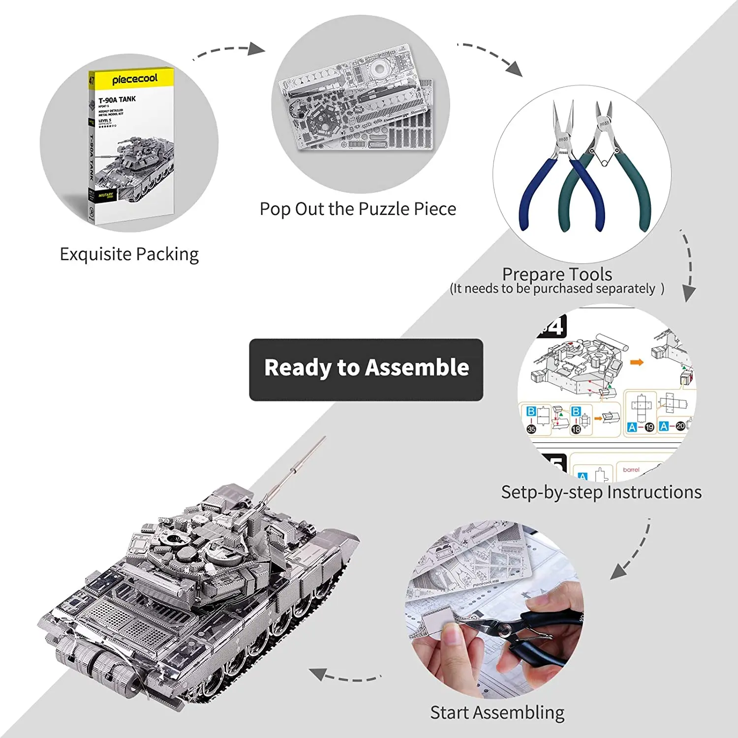 Piececool-rompecabezas 3D de METAL para adultos o adolescentes, T-90A de tanque militar, DIY, modelo de Metal, Kit de proyecto de construcción, gran regalo