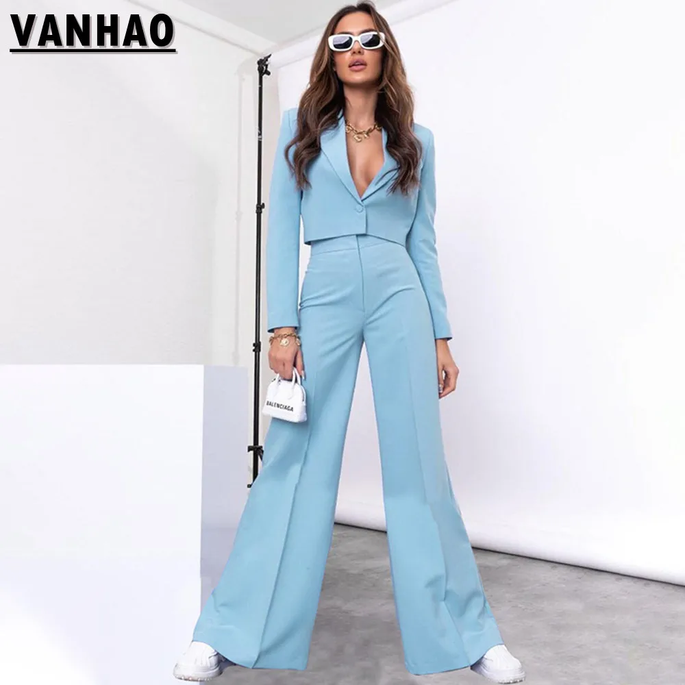 

VANHAO Sexy Outfits Crop Top Blazer and High Waist Wide Leg Pants Fashion Two Piece Set Women Outfit 2023 Wholesale Dropshipping