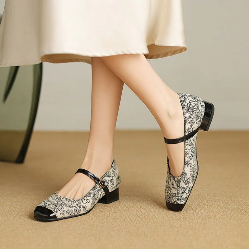 Phoentin Cross Strap Mary Janes Chinese Style Print Low Heels Square Toe Dress Shoes Patchwork Footwear Plus Size FT3342C