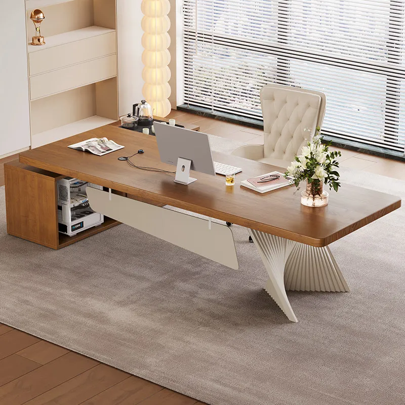 LMM solid wood desk with tea table integrated cream wind president boss table
