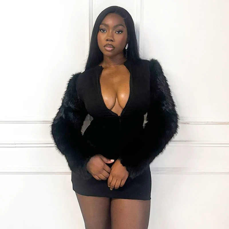CUTENOVA automne/hiver femmes couleur unie décolleté fermeture éclair manches en fausse fourrure Patchwork à manches longues Sexy ajusté robe moulante