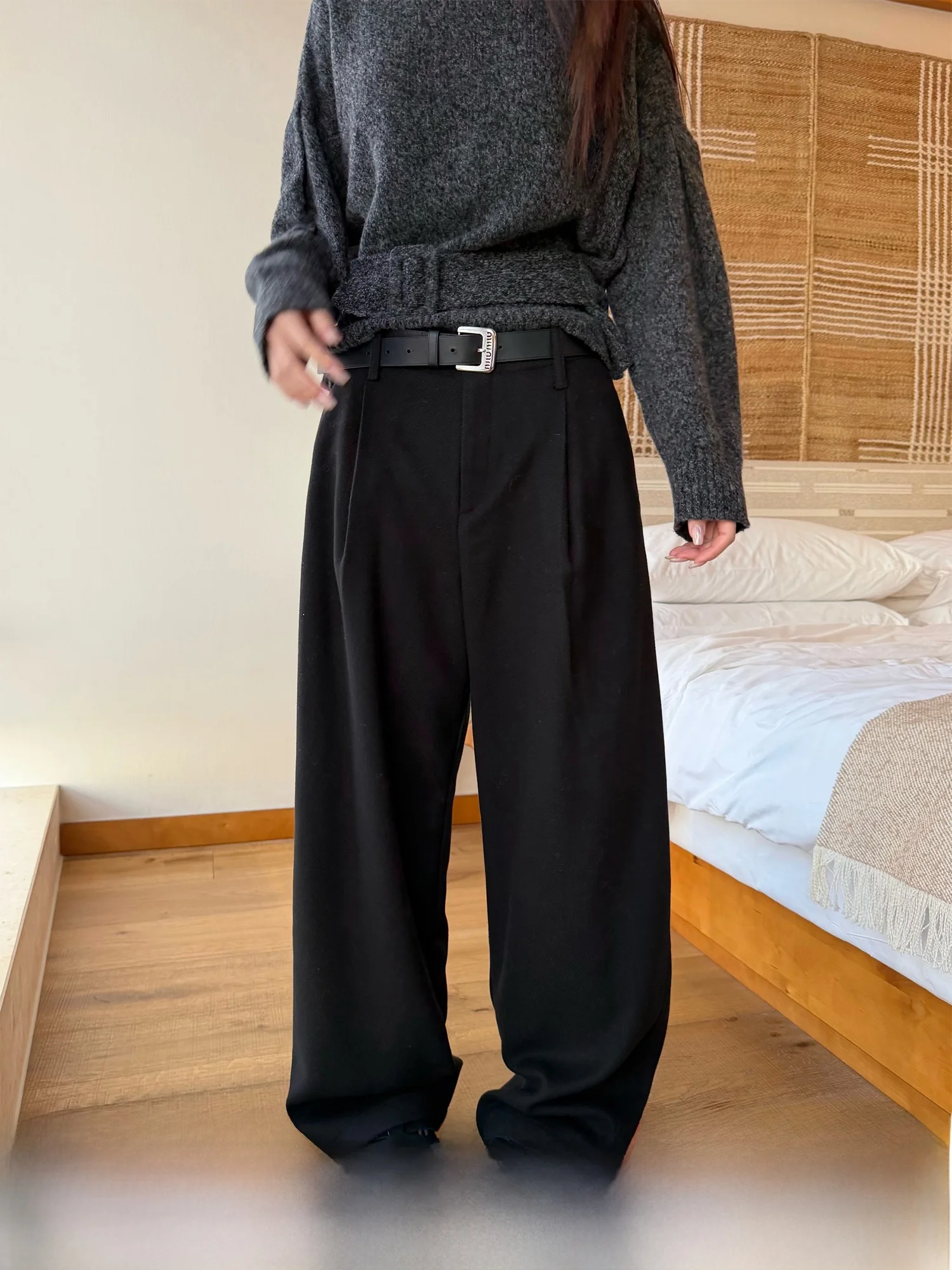 

Superniniyy Iceland Wide Leg Pants Wool Lyocell Simple High Waist Suit Trousers Loose Fit Casual Pants for Women