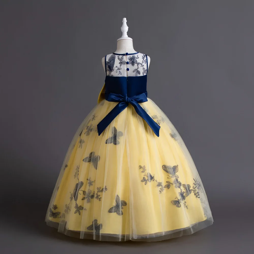 Vestidos de princesa con bordado de mariposa para niñas, vestidos con lazo de lentejuelas para dama de honor, boda, desfile, fiesta, vacaciones, graduación, 5-14 años