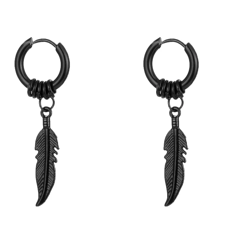 

1 Pair of Punk Stainless Steel Feather Earrings, Black and White Earrings Set as Retro Hip-Hop Ear Jewelry for Men and Women