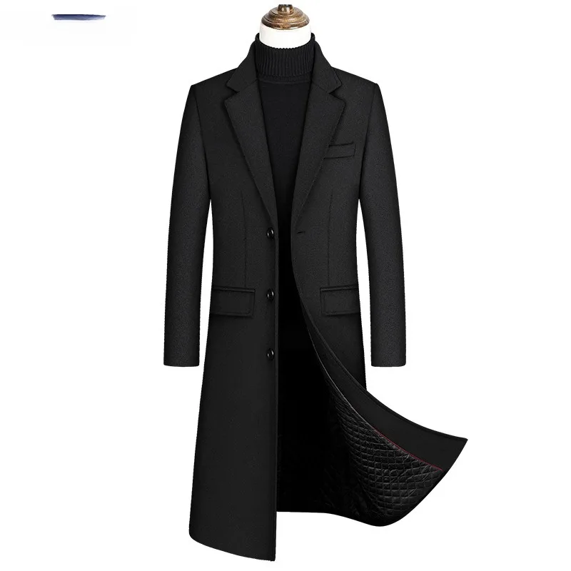 

Men's Windproof Single Breasted Korean Version Slim Fitting Long Knee Thick 30% Wool Woolen Coat Business Casual Parka