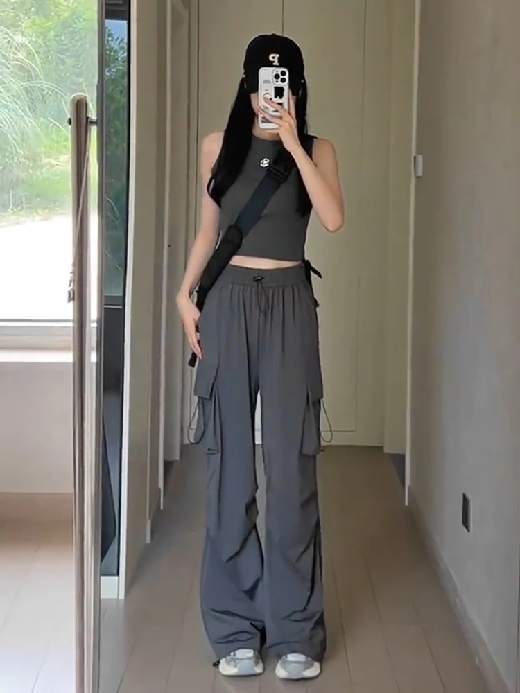 American Retro High Street Drapey Work Pants Women Summer New Loose High Waist Multi Pocket Elegant Wide Leg Floor-Length Pants