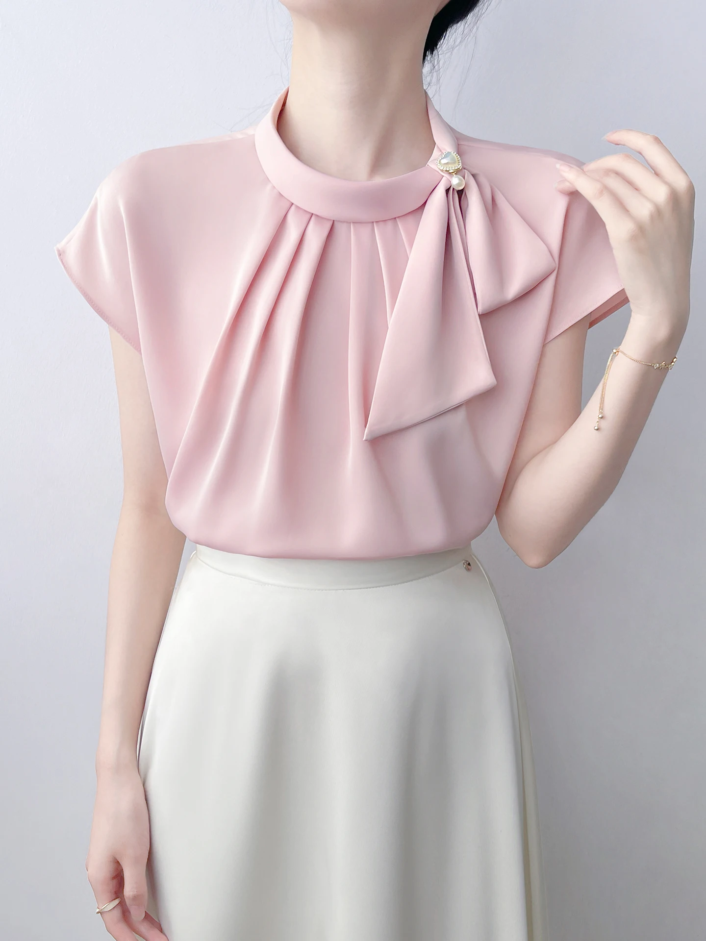 Korean Style Sweet Anti-Aging Pink Short Sleeve Satin Drapey Wrinkle Resistant Women's Summer New Fashion Flocking Shirt