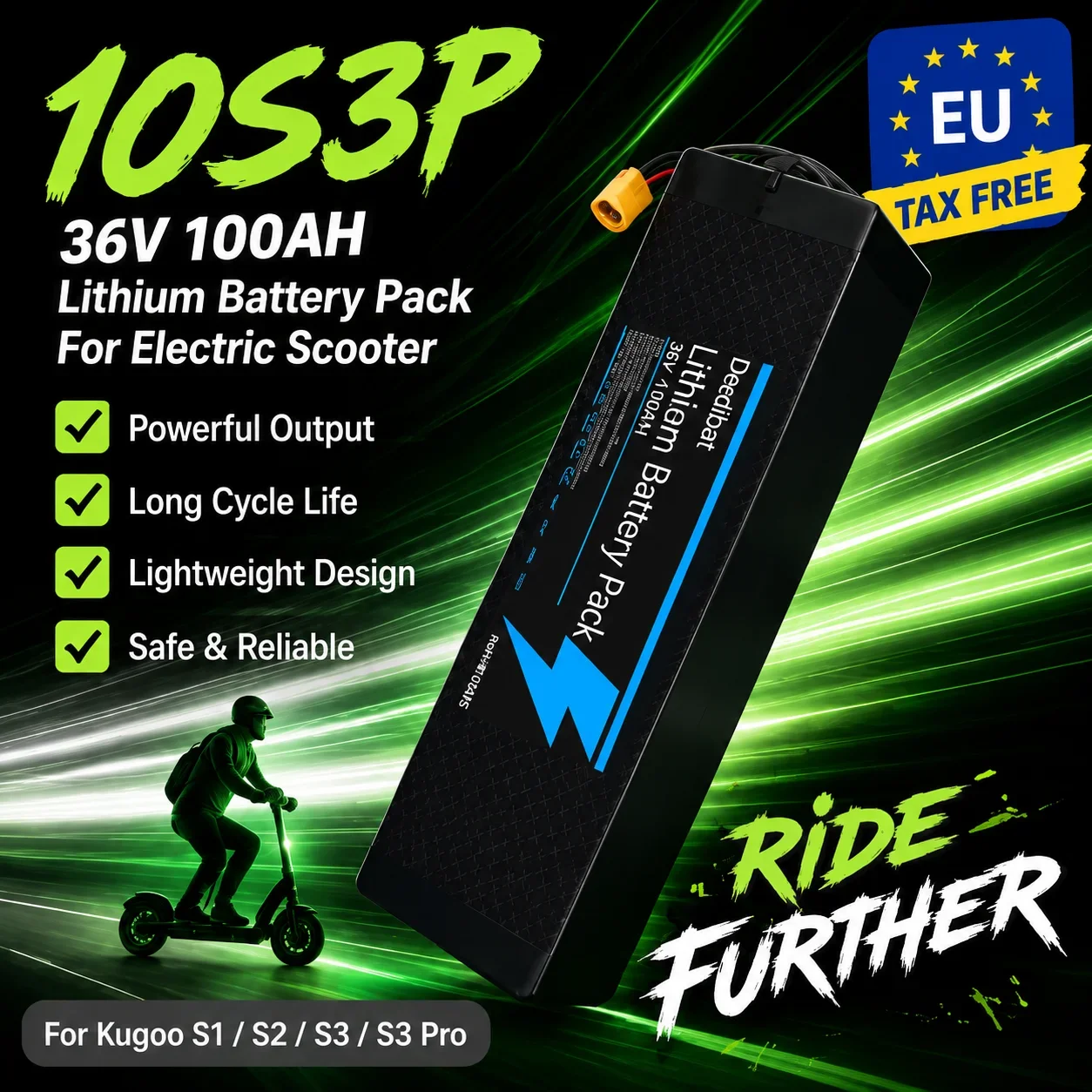 Neuer 36V 10S3P 100Ah wiederaufladbarer Lithium-Ionen-Akku, 1000 Watt Hochleistungs-Nachrüstsatz, geeignet für Elektroroller-Batterien mit BMS XT60 JST-Schnittstelle.