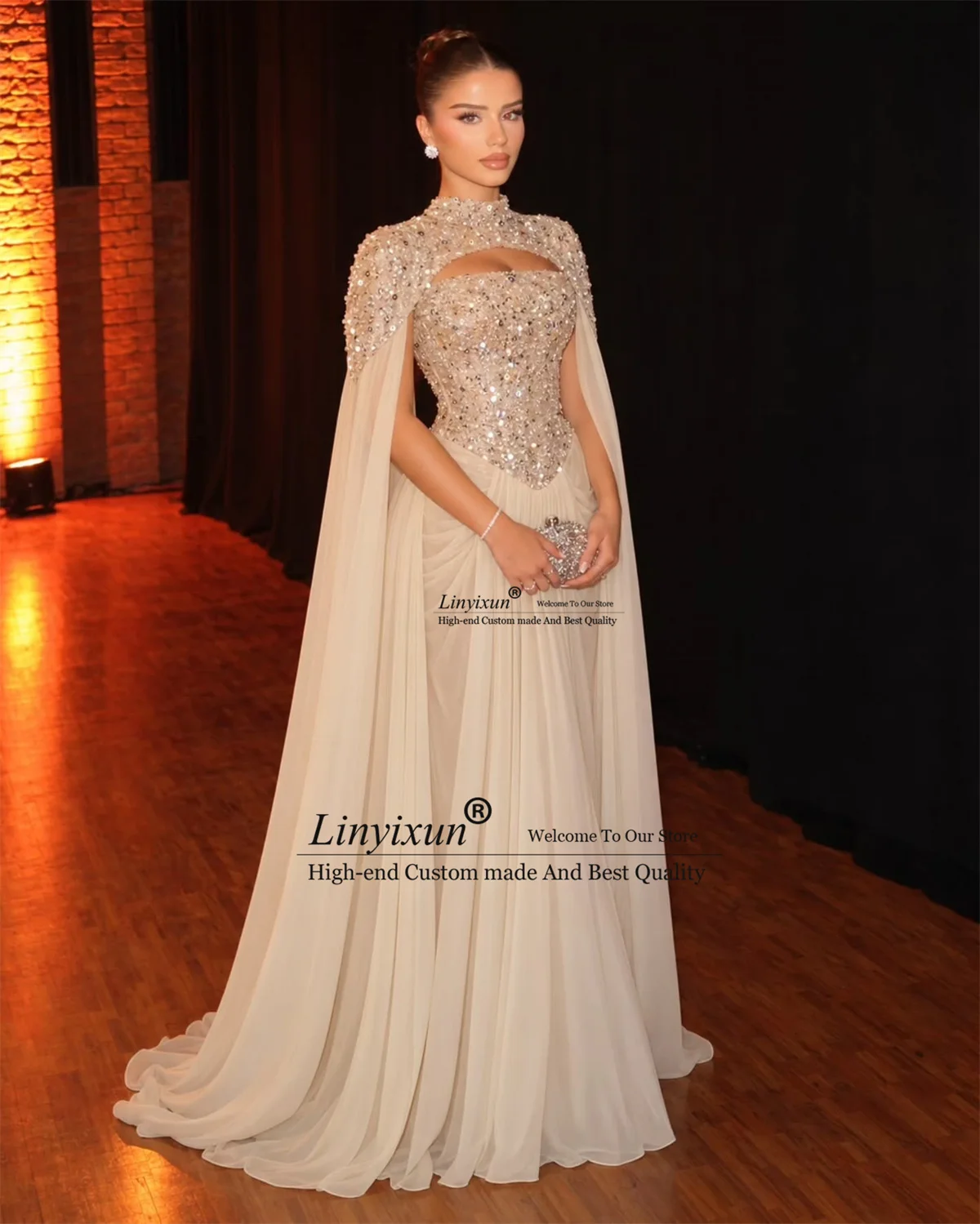 Arabic Dubai Prom Dresses With Cape Customized Luxury Diamond Crystals Evening Gown African Long A Line Birthday robes de soirée