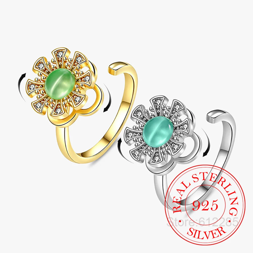 925 Sterling Silver Jewelry Luxury Crystal Flower Rotatable Finger Rings for Women Wedding Party Jewelery for Girls Friends Gift