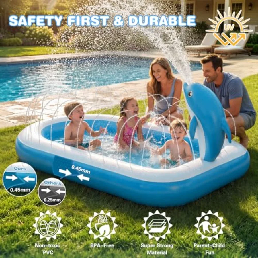 Outdoor splash pad for toddlers 1-3 and kids 4-8 PVC inflatable play mat with dolphin design blue and yellow quick-setup non-sl