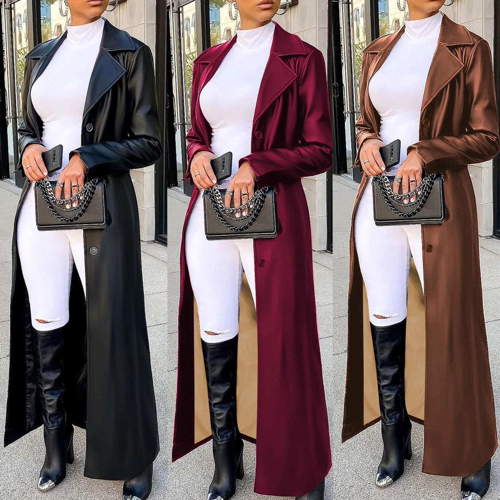 Women Coats Long Faux Leather Jackets Turn Down Collar Full Sleeve Pu Coat Work Y2k Streetwear Jacket Outerwear Work Spring