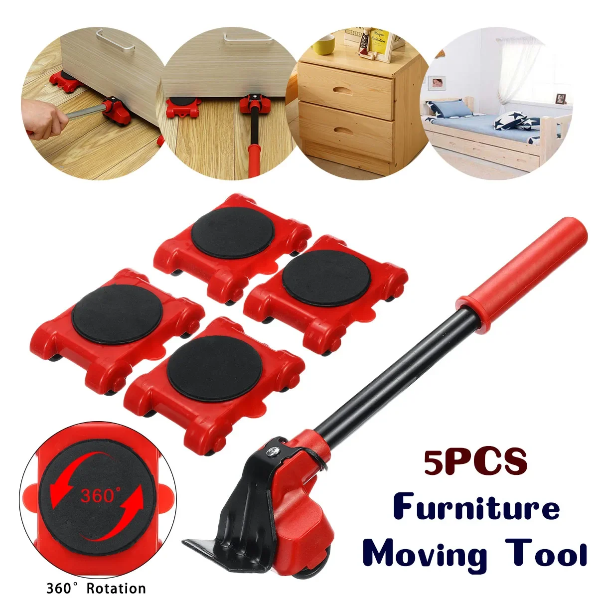 4pcs set Furniture Lifter Heavy Duty Furniture Mover Transport Moving System 4 Move Roller 1 Wheel Bar Lifting Hand Tool Set