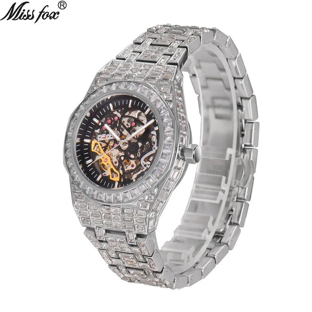 Aaa Diamond Man Mechanical Luxury Baguette Rhinestones Watches in Yellow Gold Shine Stainless Steel Watch Quality Business Watch