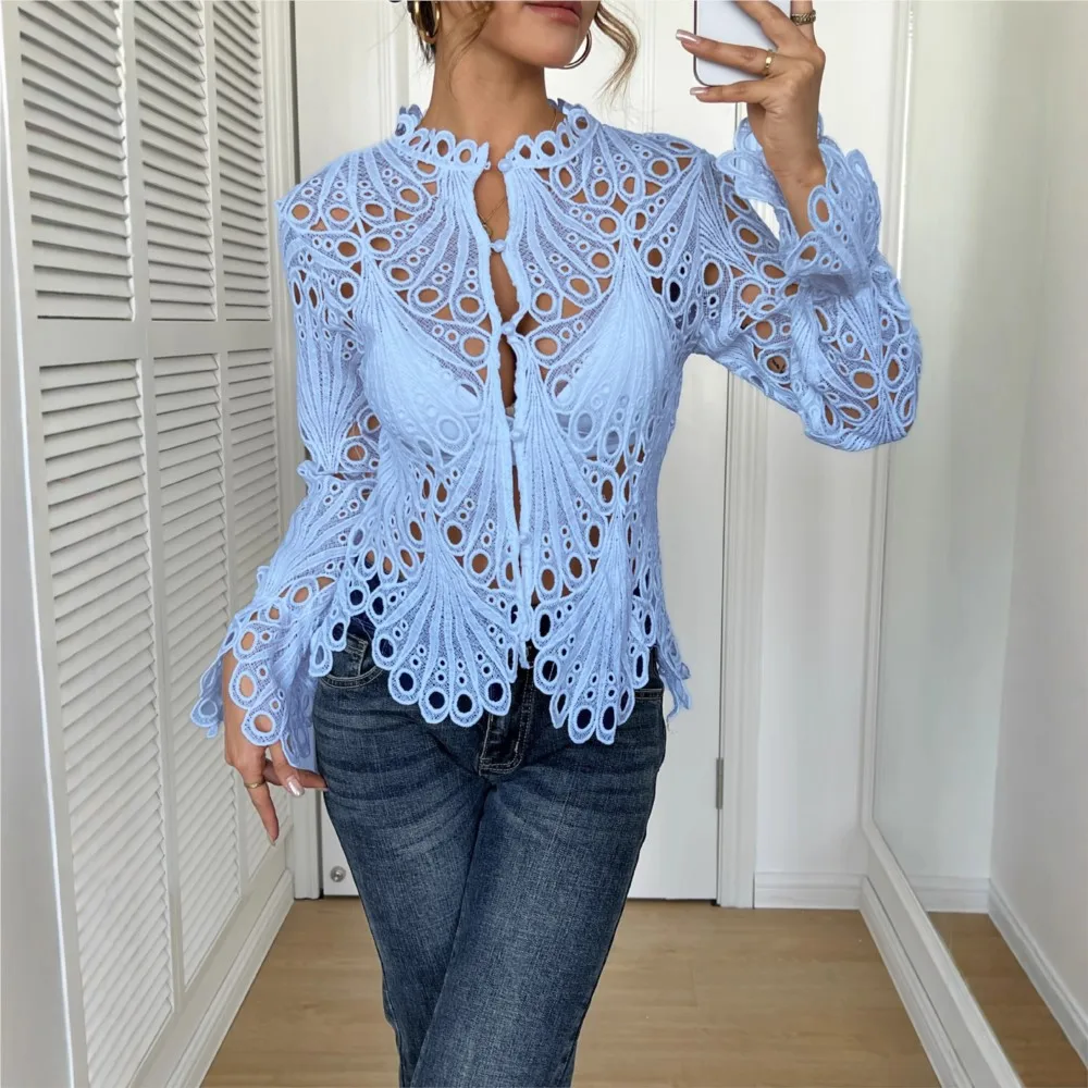 Women's Sexy Lace Hollow Solid Color Evening Shirt Spring Summer New Fashion Elegant Female Casual Versatile Long-sleeved Tops