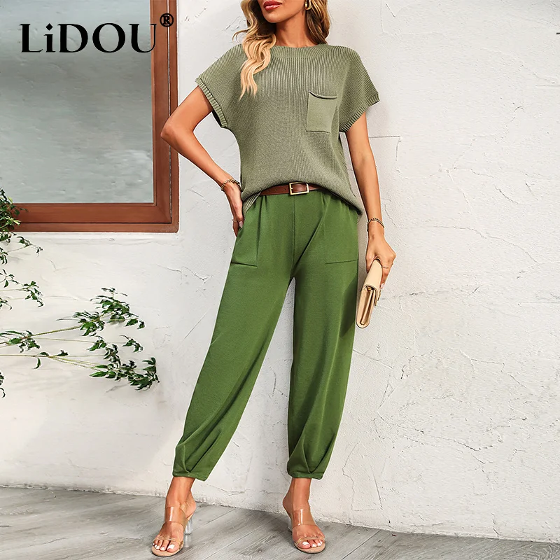 Summer Autumn New Loose Casual Short Sleeve Sweater Pants Set Female Knitting Pullover Tee Top Sweat Pants Suit Women's Clothing