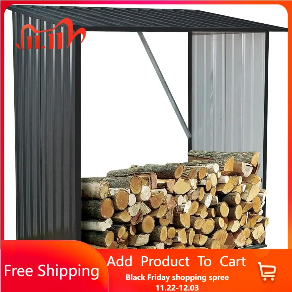 Indoor or Outdoor Steel Firewood Rack, Weather Resistant Open Wood Shed with Sloped Roof for Firewood, Pellet, or Lumber Storage