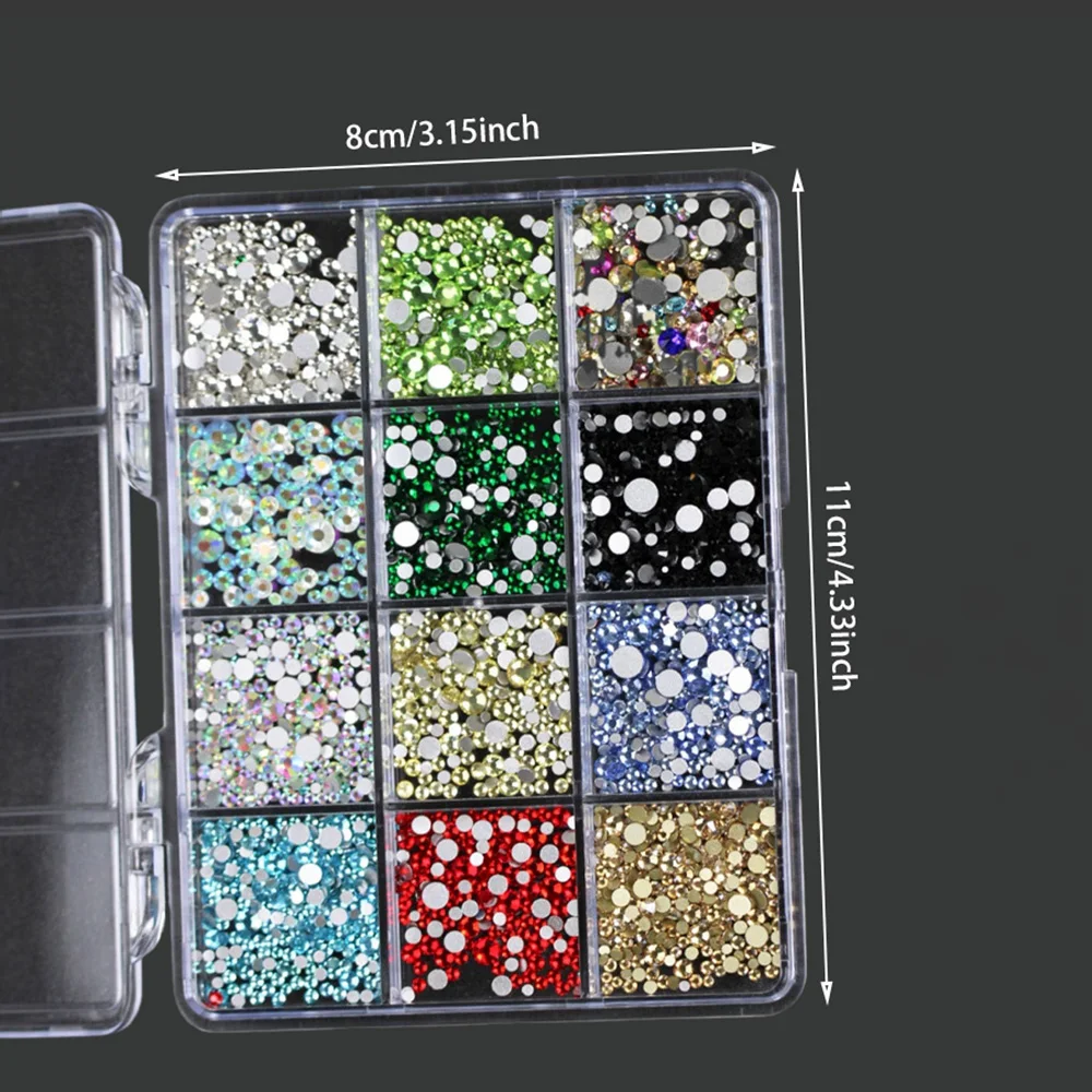 12 Gitter 3D Bunte Runde Perlen Kristall Nagelkunst Strass Flache Glasdiamanten Nagel-Charms DIY Maniküre Dekoration