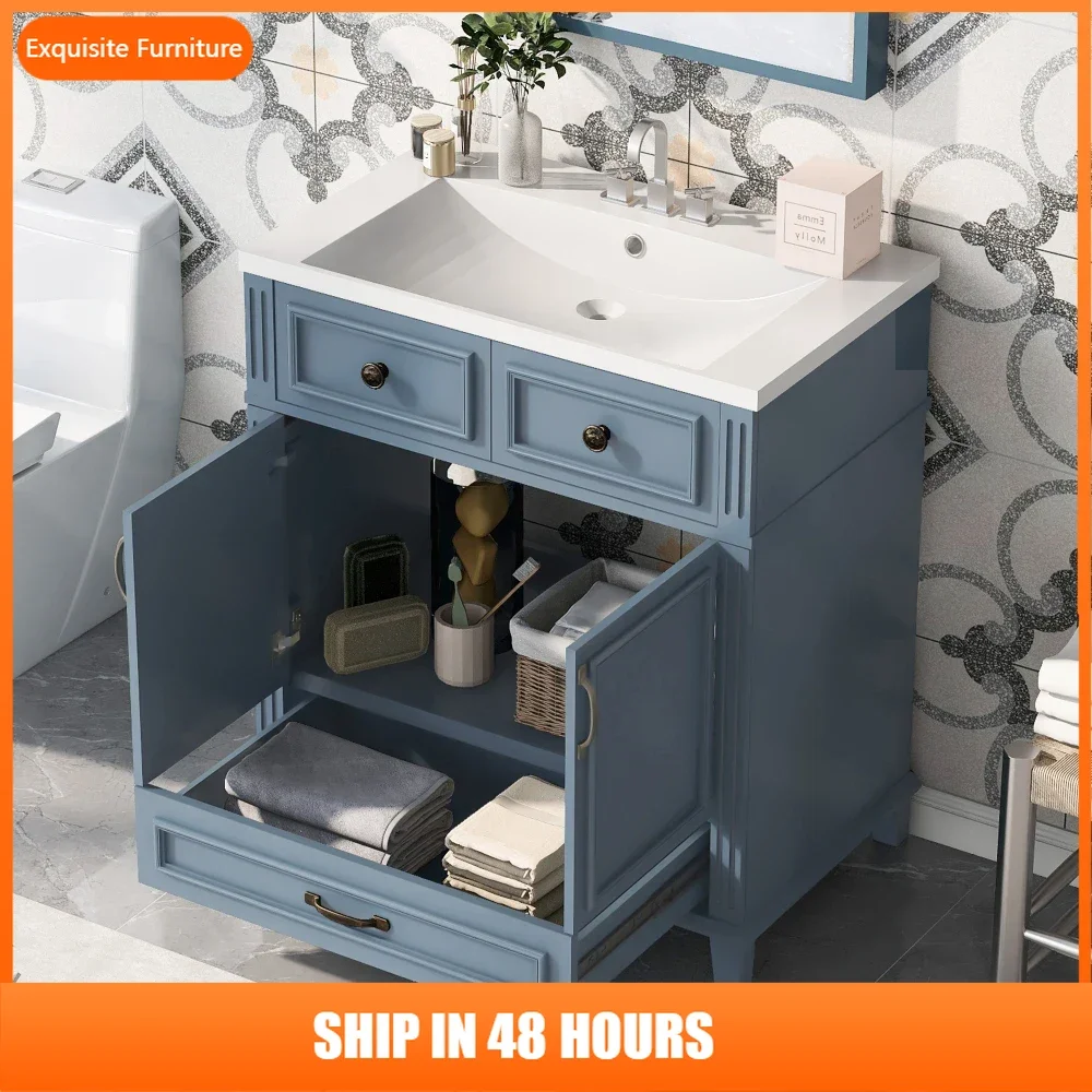 

30'' Bathroom Vanity with Resin Sink,Solid Wood Frame Bathroom Storage Cabinet with Soft Closing Doors,Retro Style, Blue