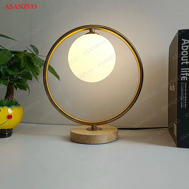 Glass ball Wood table lamp bedroom living room decor Lighting fixtures Study Reading Desk Lamp bedside Night Lamp Gold Black