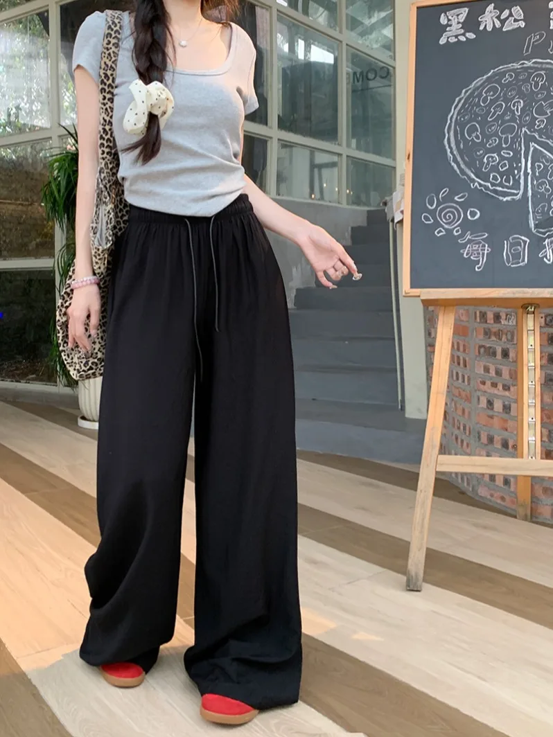 Gray Ice Silk Casual Pants For Women 2024 Summer High Waisted Loose Straight Wide Leg Pants