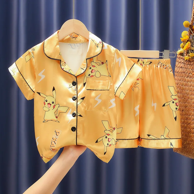 Conjunto de Pijama de 2 Piezas de Pikachu para Niños, Pijama de Verano para Niñas, Versión Delgada de Seda de Hielo, Camiseta de Manga Corta con Cuello Redondo y Pantalones Cortos