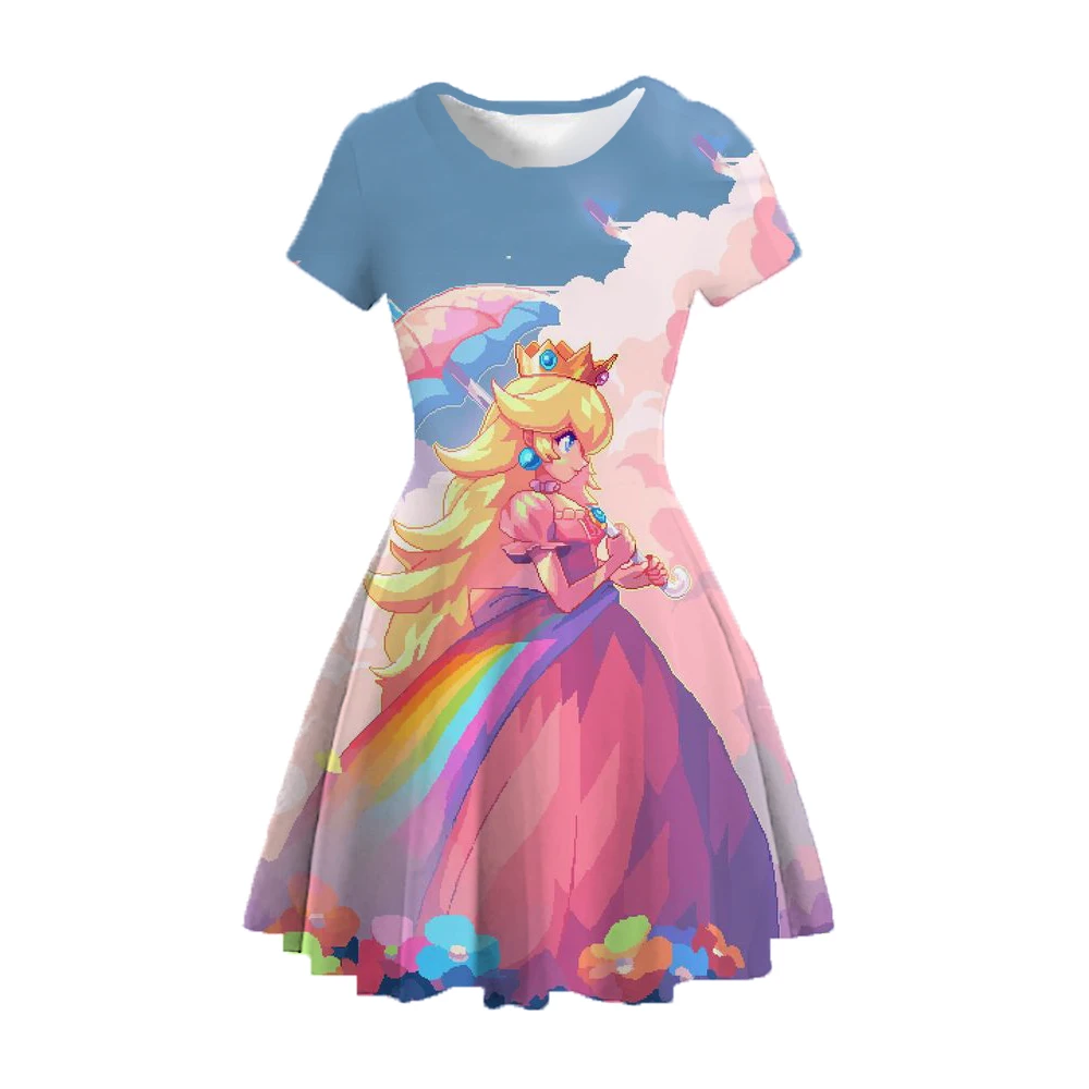 Summer New Peach Princess print Girl Birthday Party Casual Dress KID Parent-Child Dress 3D Printing Blue Pink Cartoon Dress Gift