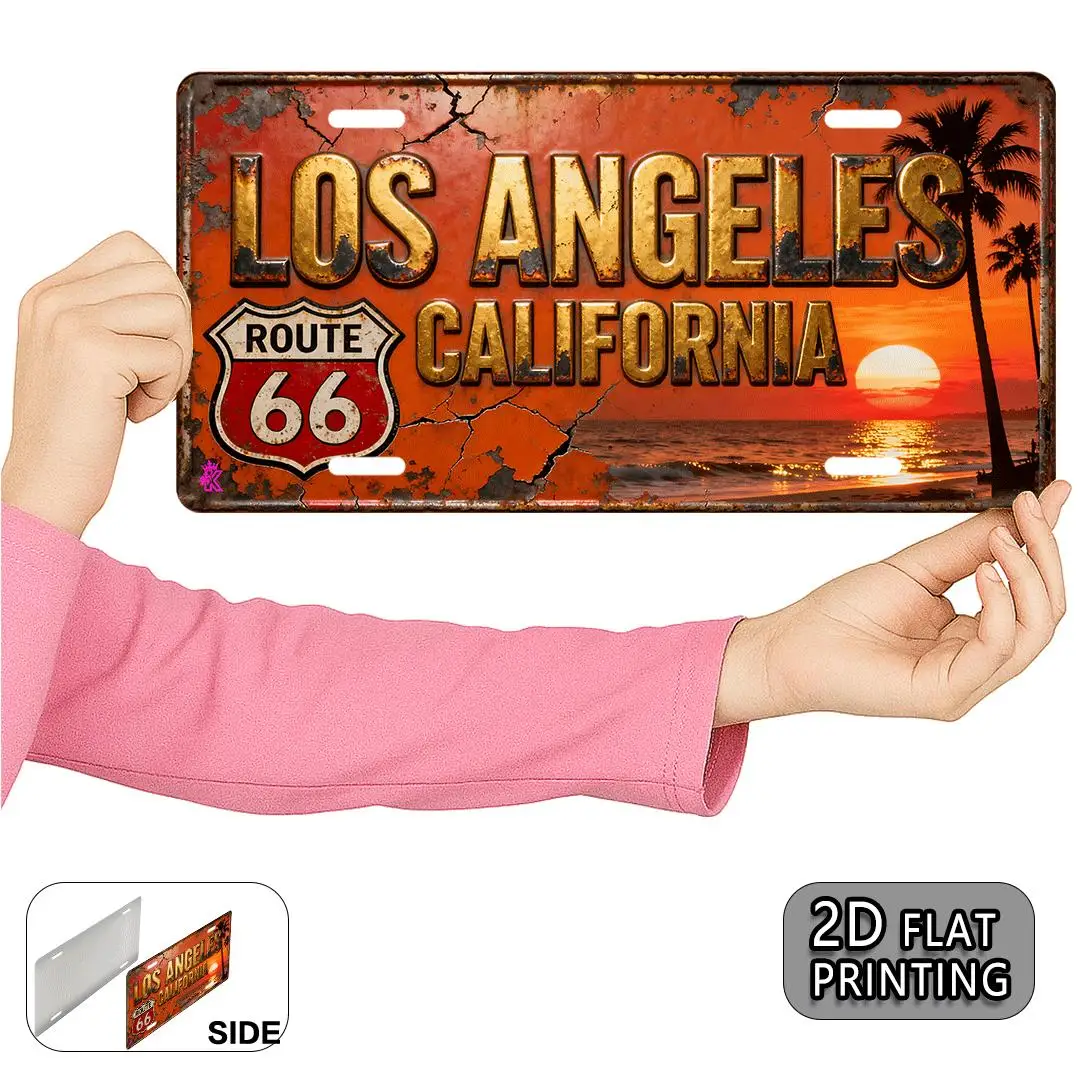Los Angeles California Route 66 Vintage Sunset Rustic 2D Flat Printed License Plate Aluminum Metal Painting High Definition Clea