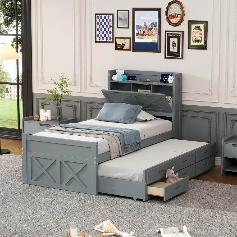 Storage headboard with socket, expandable bed with twin trailer, three storage drawers Versatility design Space-saving