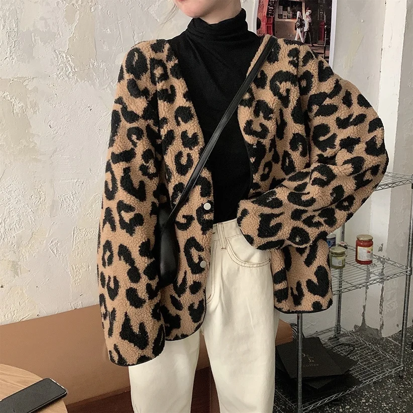 Hong Kong Sle Retro Lamb Wool Outwear Women's Spring Small Idle Sle  Loose Easiest for Match Leopard Print Cotton-Pa...