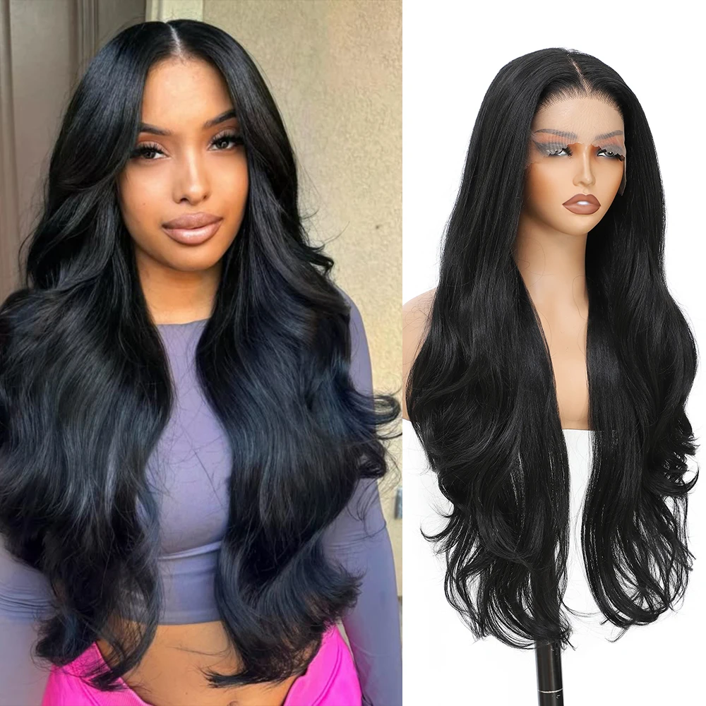 

30 "Длинные синтетические парики спереди, 13X4, парик шнурка, объемная волна, черные волосы, естественная линия волос, термостойкий парик с волосами ребенка