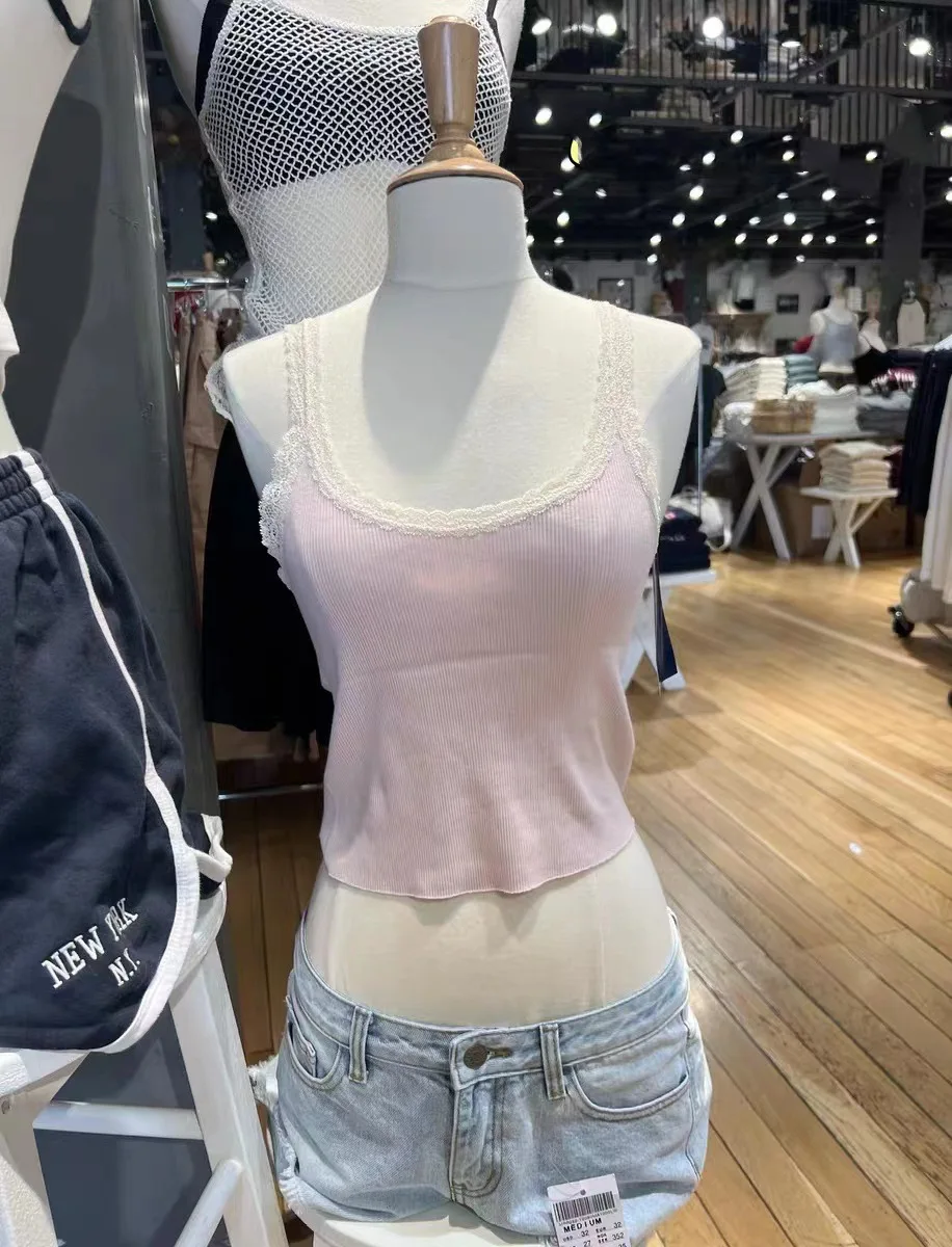 Pink Lace Trim Slim Tank Tops For Women Summer Sweet Chic Cotton Cropped Vest Preppy Style Simple Sleeveless Crop Top Camis New