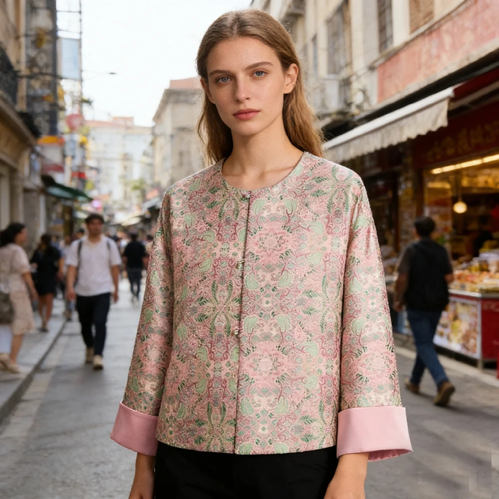 

New Womenchinese Style Brocade Satin Jacket Tangsuit Exquisite Long Sleeved Coat Qipao Tops Tradition Cheongsam Coat Outerwear
