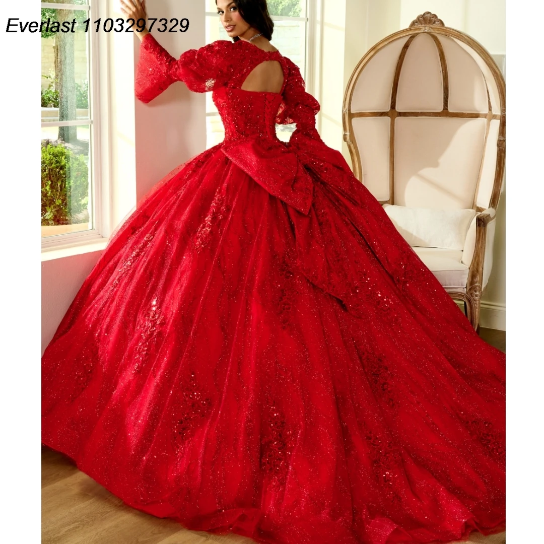 EVLAST Customized Fuchsia Quinceanera Dress Ball Gown Long Sleeve Lace Applique Beaded Bow Sweet 16 Vestido De 15 Anos TQD458