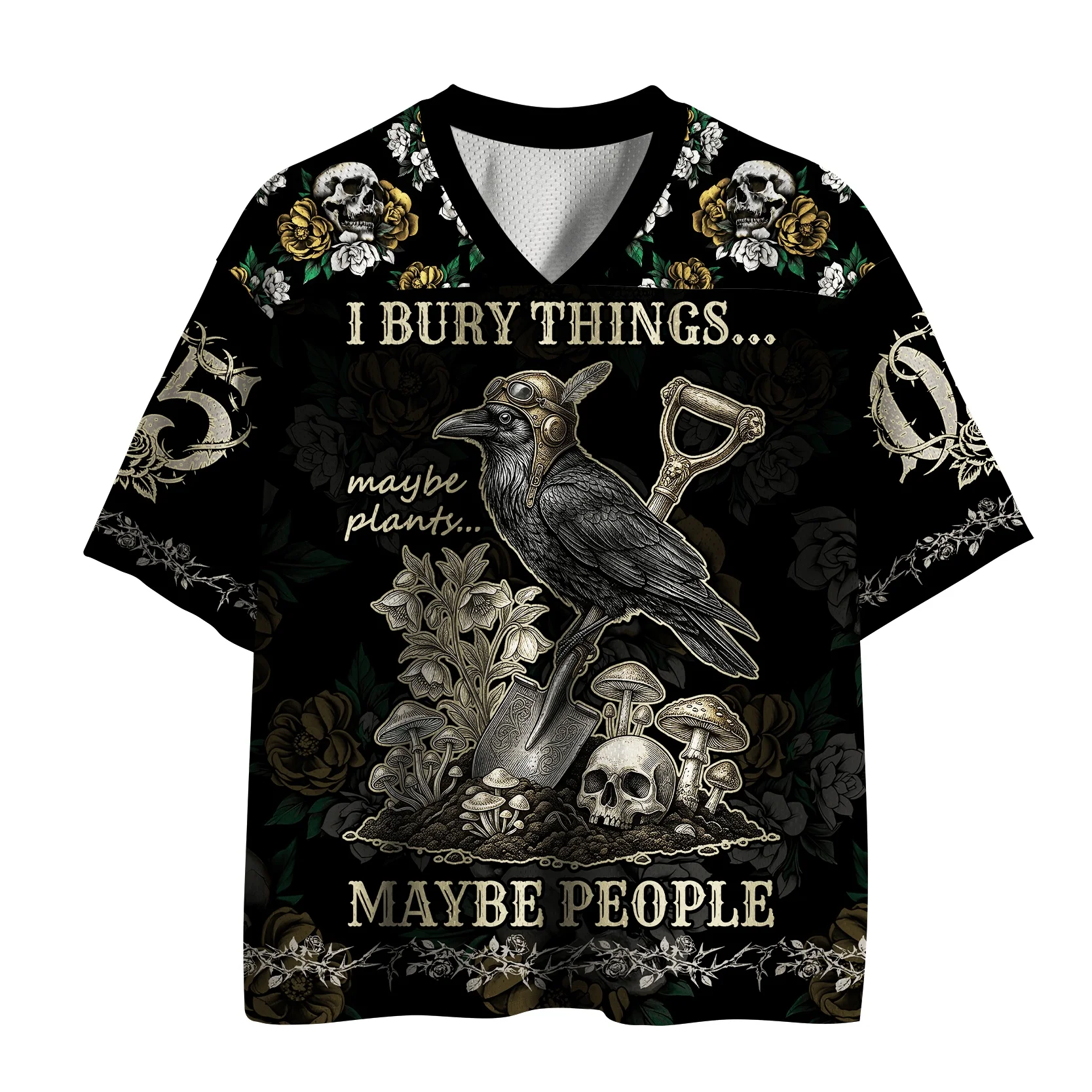 Unisex Gothic Raven Skull V‑Neck Jersey Top Men Women Dark Floral Crow Skeleton Short‑Sleeve Tee Humor Street‑Style Shirts