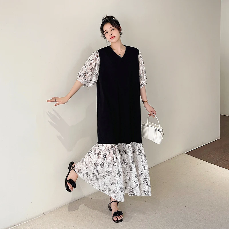 

Summer Women's Dresses 2024 New Loose Plus Size Maxi Dress Mesh Patchwork Print Floral Lady Vestidos V-Neck Female Robe KE6777