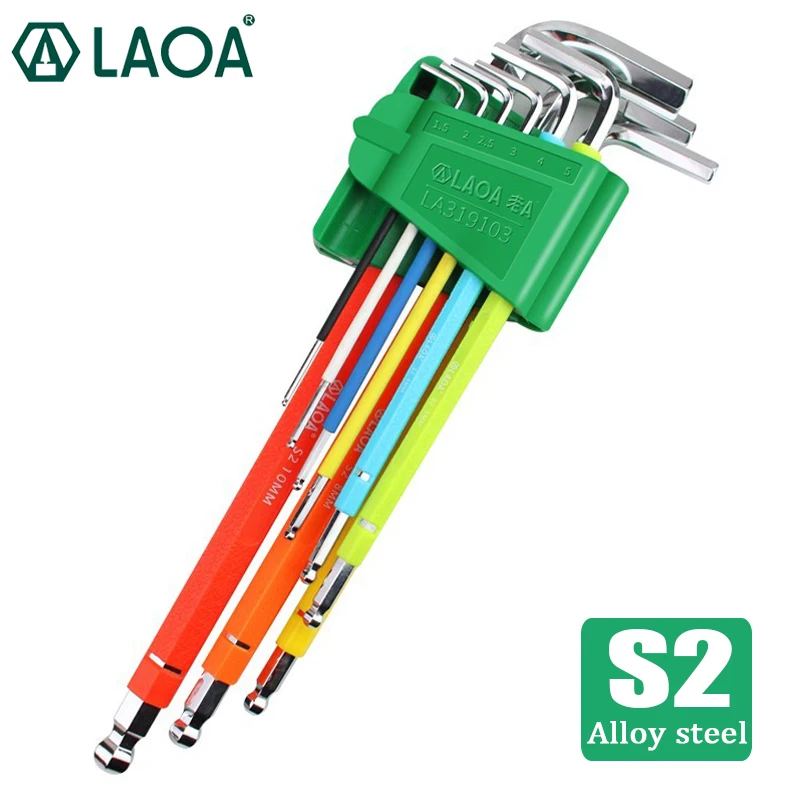 LAOA 9pcs S2 Hexagon Wrench L Type Hex Torx Colorful Ball-head Hex Screwdriver with Magnetic Rainbow