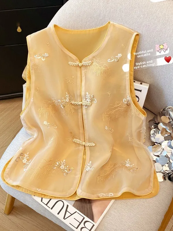 

Женский жилет с вышивкой и пайетками Ele, лето 2023, новый китайский топ с подплечниками на пуговицах в китайском стиле Sle National Faion