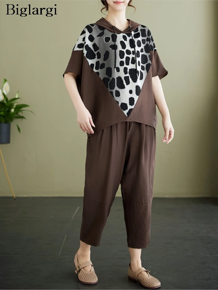 

Летний комплект из двух предметов большого размера, женская футболка Modis с леопардовым принтом и капюшоном, свободные эластичные широкие женские брюки с высокой талией