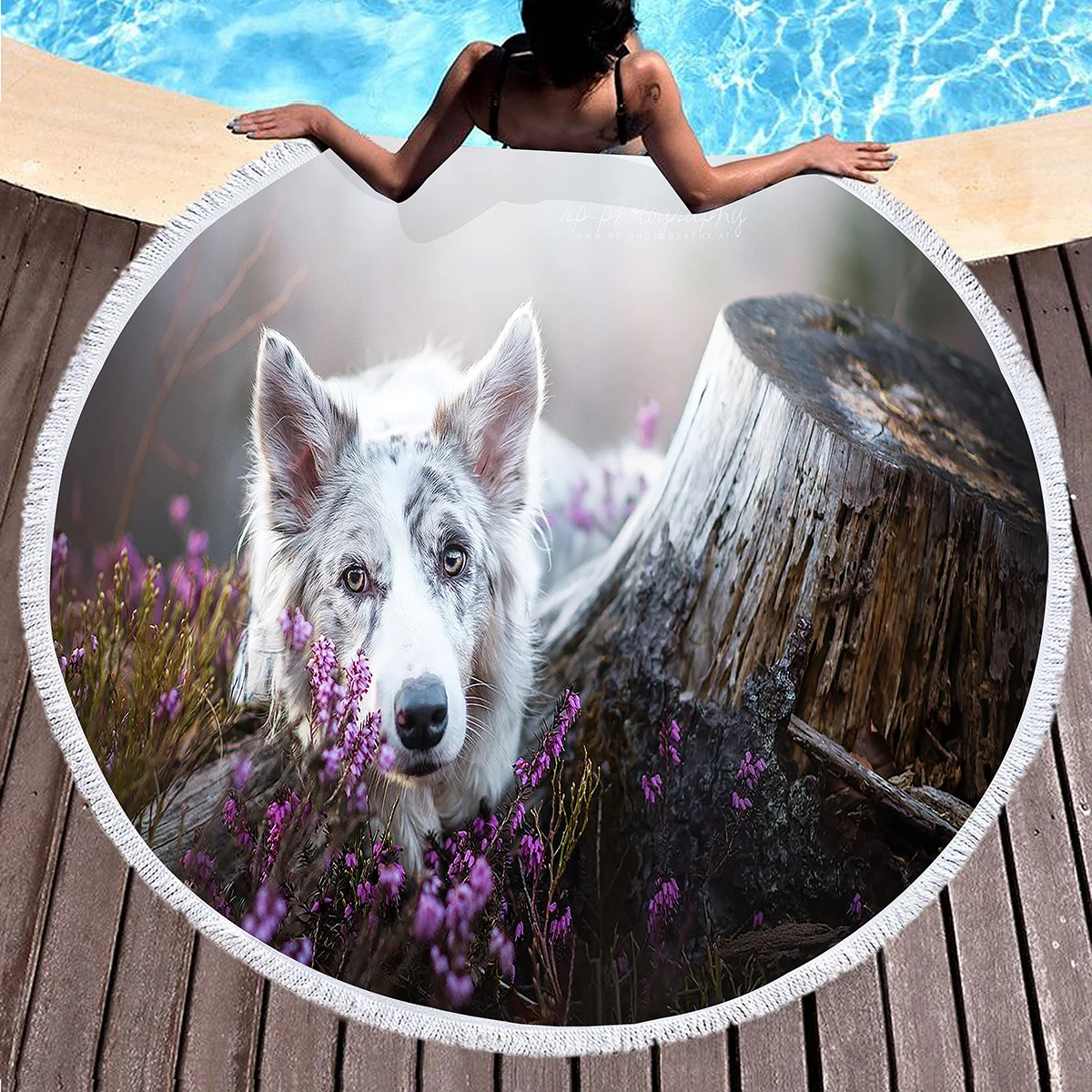 Cute Pet Dog Border Collie Round Beach Towel,Sand Free Beach Blanket Picnic Mat for Bathroom Pool Surf Travel Outdoor Meditation