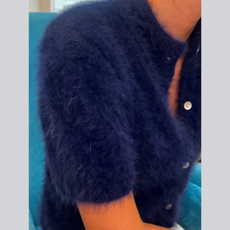 Damen-Strickwaren Plüsch Kurzarm Strickjacke Herbst O-Ausschnitt Einreihig Einfarbig Weiche Strickjacken Schicke Damen-Oberteile – Detail 11