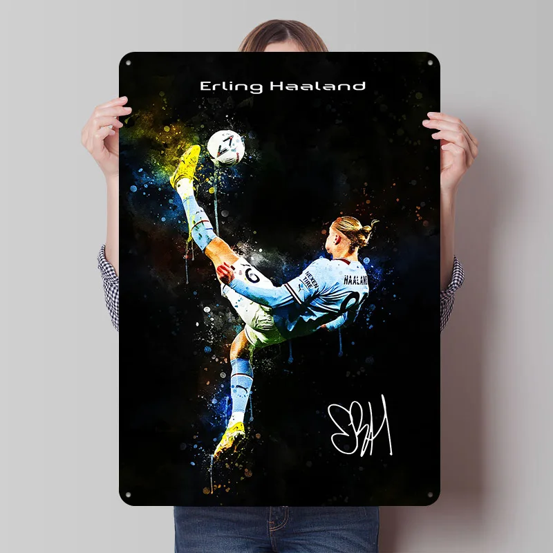 Erling Haaland Soccer Kick Printing Poster Customized Retro Wall Art Vintage Metal Signs for Fans Interior Accessories Wand Deko