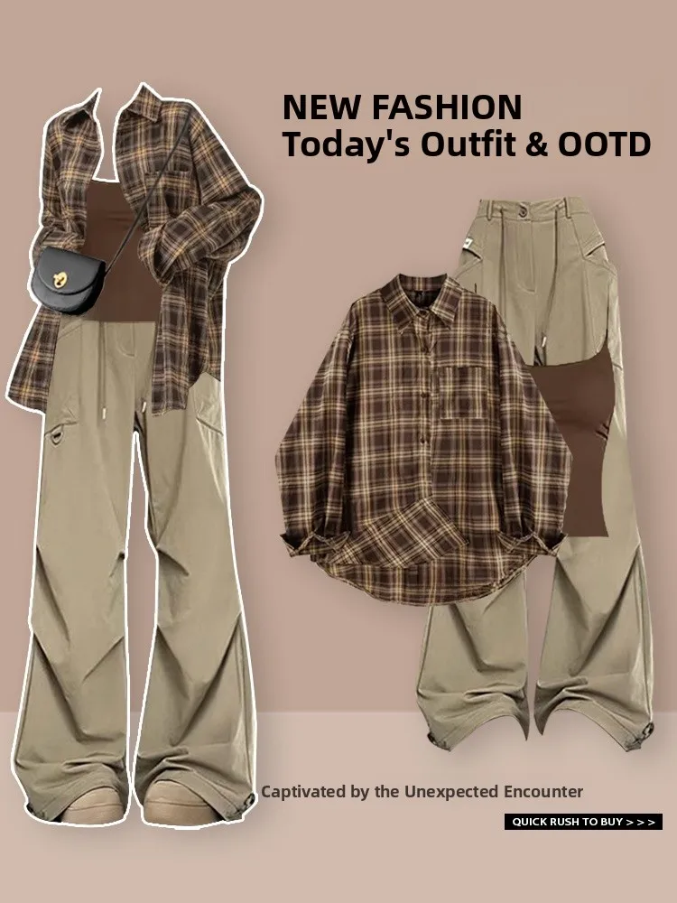 

Faionable Commute Set Women's Plaid irt Vest Strap Workwear Long Pants Tee-piece Set Small Size Autumn New Sle