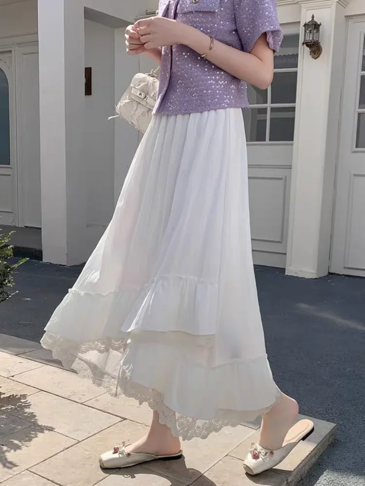 

Elegant Pink Lace Trim A-Line Skirt Summer Women's Asymmetrical Flared Hem Maxi Swing Skirt with Draped Sweet Design
