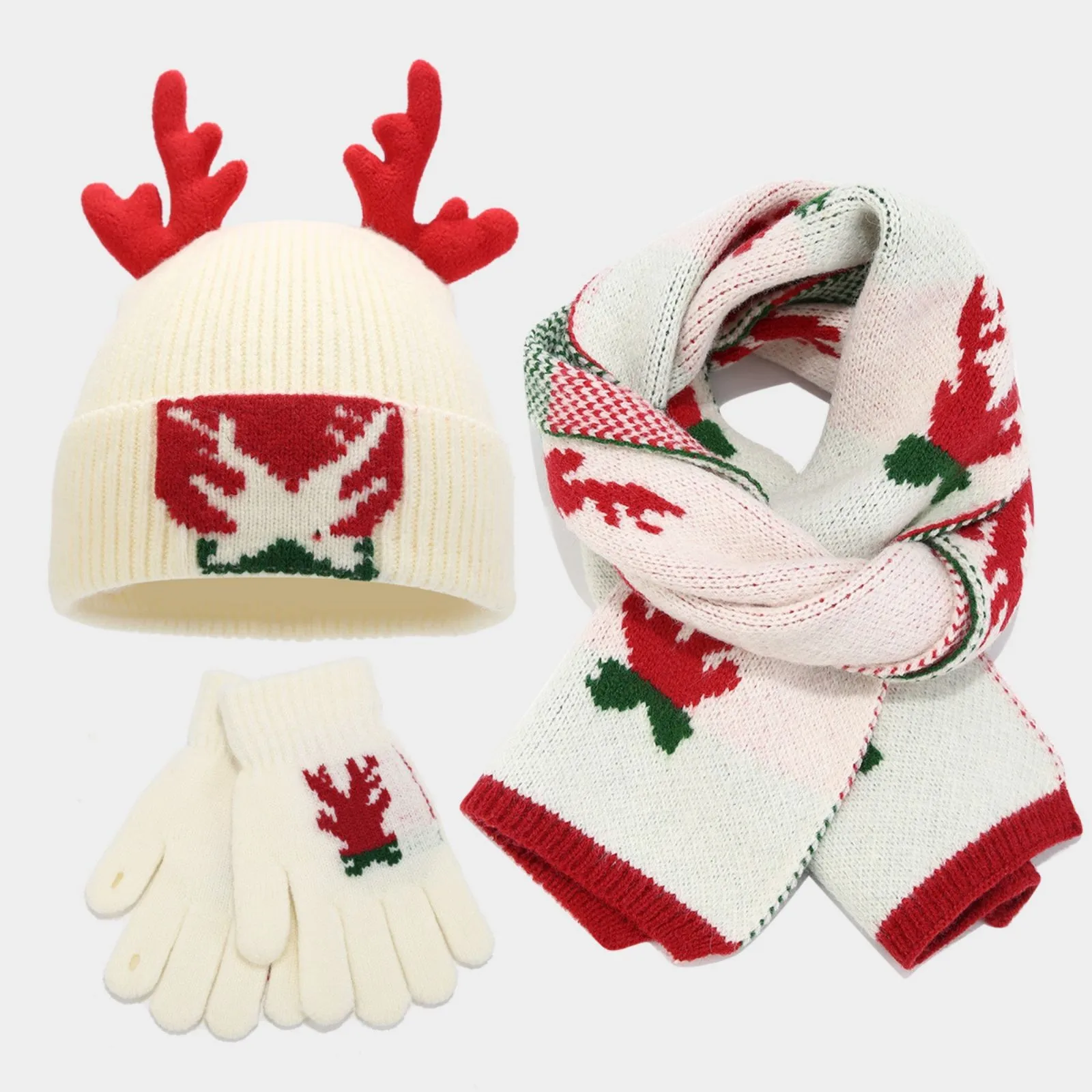 Cute Winter Deer Horn Knit Hat For Women Warm Fashion Hat Scarf Gloves Three-piece Set Women's Cold-proof Hat Set